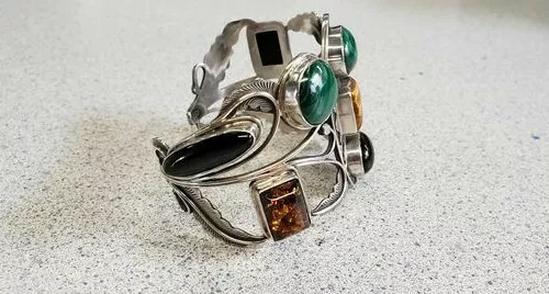 51.1mm Sterling Silver Amber Black Onyx Malachite Smoky Quartz Tiger Eye Cuff