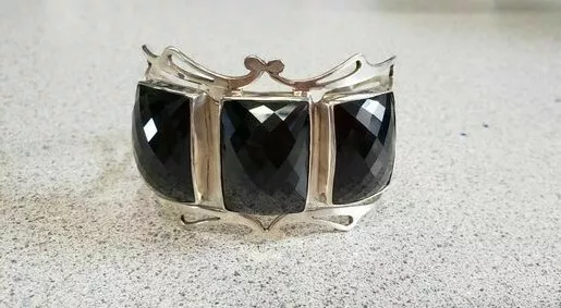 42.5mm Solid Sterling Silver Natural Faceted Black Onyx Cabochons Cuff Bangle