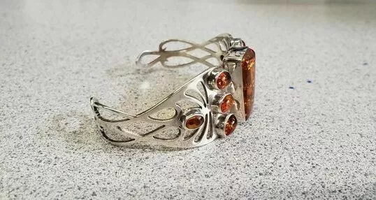 25.5mm Sterling Silver Bangle Cuff with Natural Amber Cabochons Jewelry Cab Gems