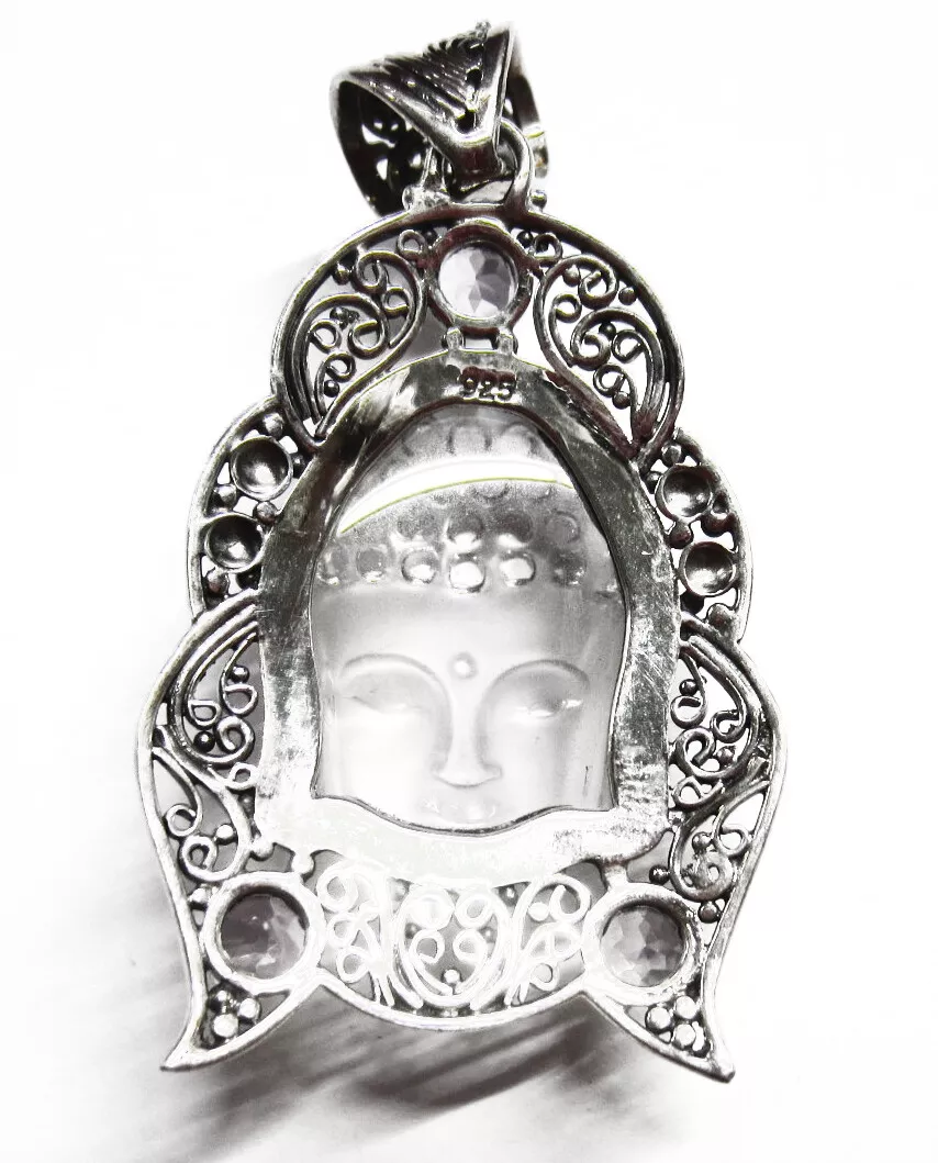 Solid 925 Sterling Silver Pendant with Buddha Face and Amethyst Gemstones