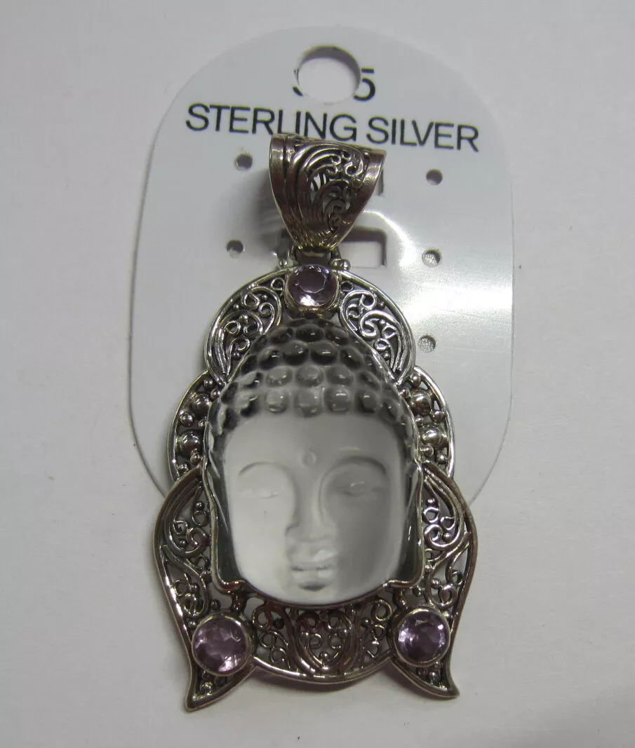 Solid 925 Sterling Silver Pendant with Buddha Face and Amethyst Gemstones