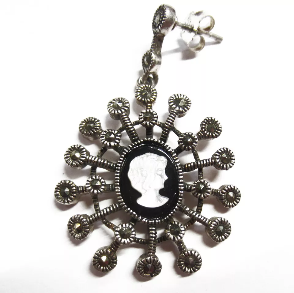 Solid 925 Sterling Silver Swiss Marcasite and Cameo Dangling Post Earring