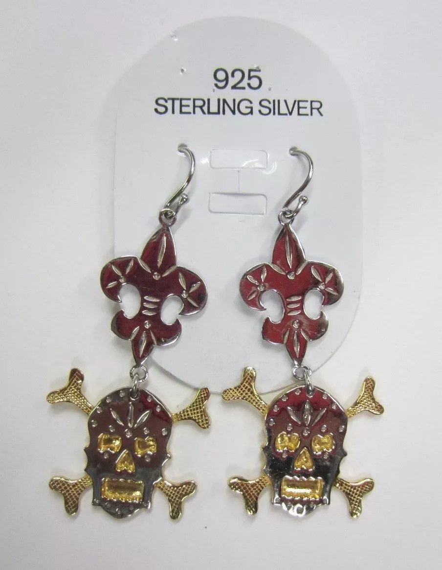 Solid 925 Sterling Silver and Vermeil Skull Dangling Earrings Big Fancy Jewelry