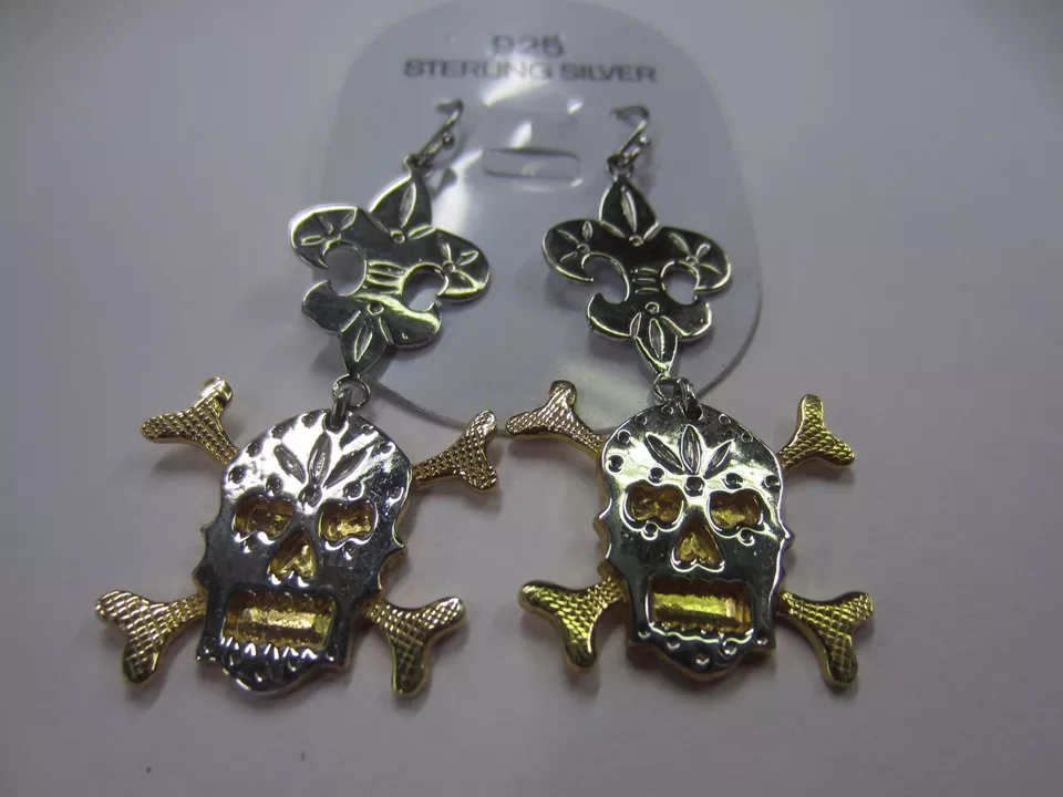 Solid 925 Sterling Silver and Vermeil Skull Dangling Earrings Big Fancy Jewelry