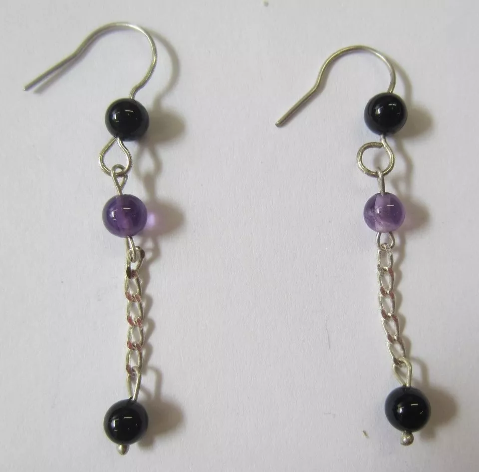 4pairs Sterling Silver Earrings with Natural Stones Pearl Black Onyx Amethyst