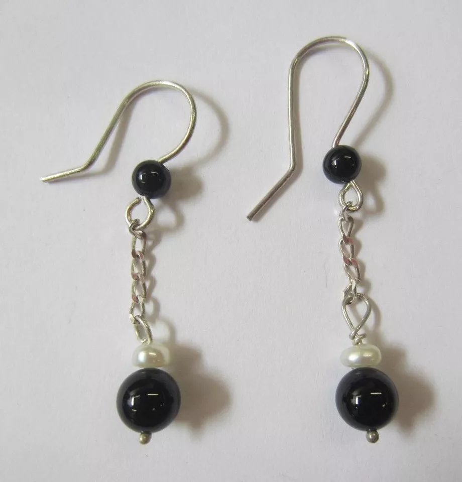 4pairs Sterling Silver Earrings with Natural Stones Pearl Black Onyx Amethyst