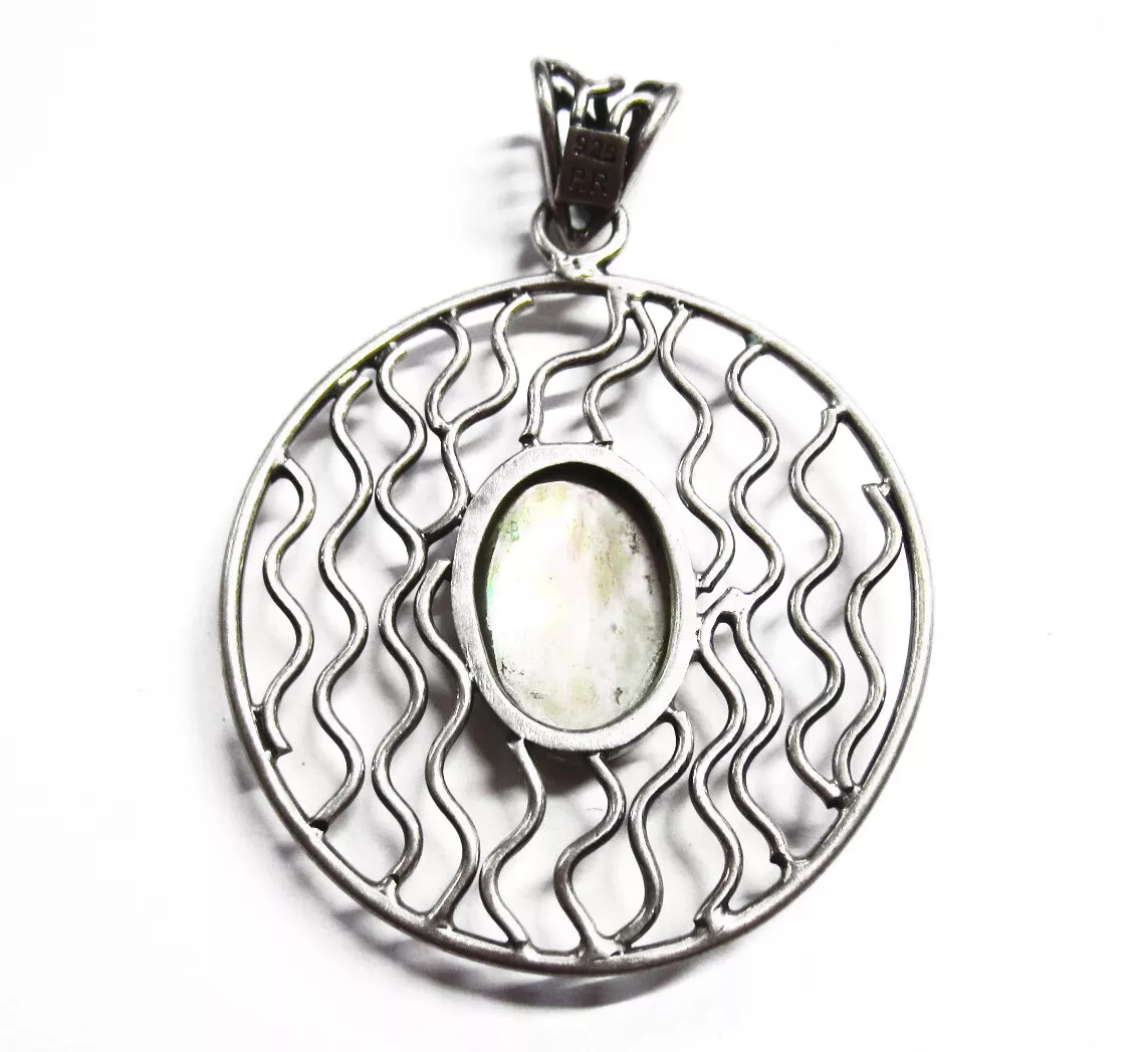 Solid 925 Sterling Silver Natural Oval Paua Shell Abalone Pendant Jewelry