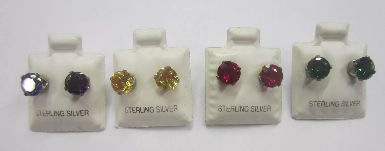 1pr 8mm Sterling Silver Round Cubic Zirconia Earrings Red Green Yellow Purple CZ