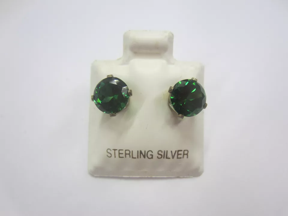 1pr 8mm Sterling Silver Round Cubic Zirconia Earrings Green CZ