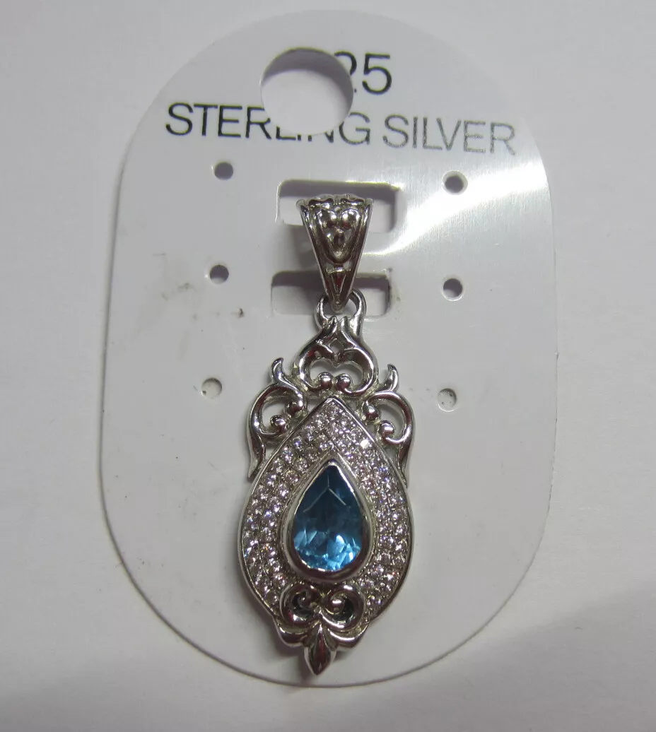 Solid 925 Sterling Silver Blue Topaz and CZ Pendant High Quality Jewelry