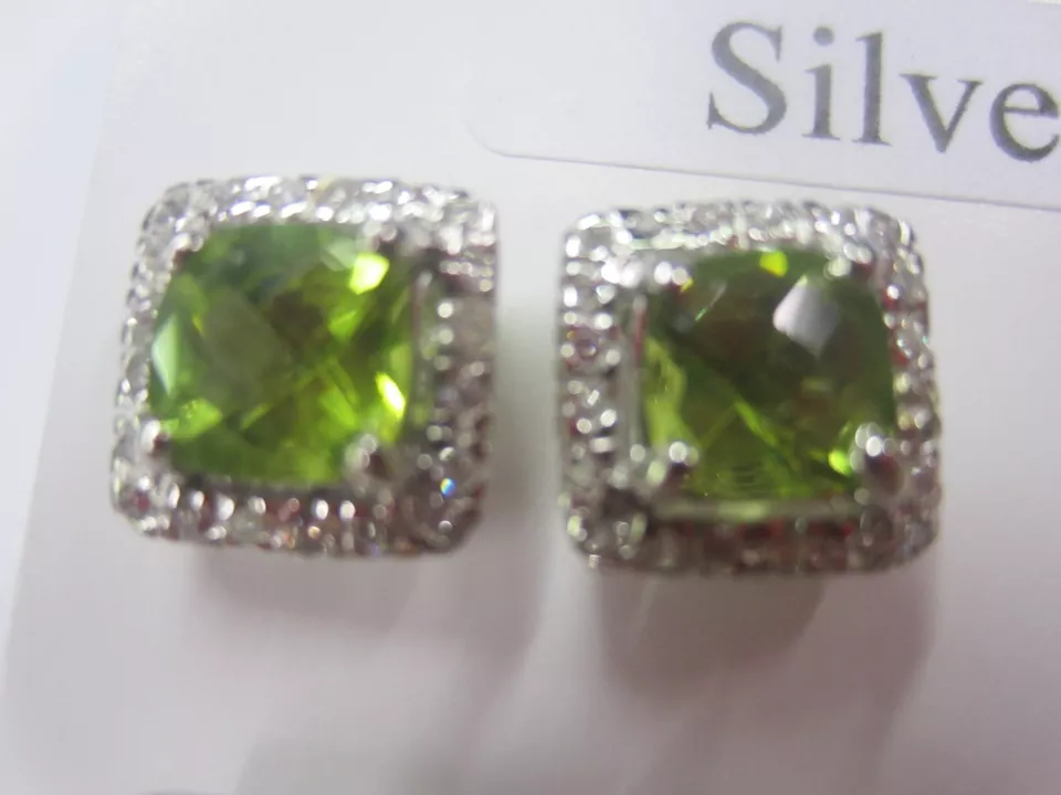 7mm Princess cut Peridot 11mm Sterling Silver Earrings CZ Free Red Velvet Box