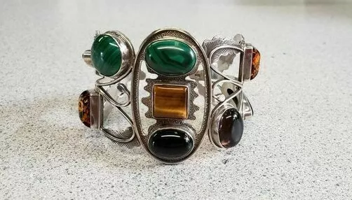 51.1mm Sterling Silver Amber Black Onyx Malachite Smoky Quartz Tiger Eye Cuff