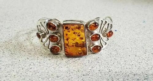 25.5mm Sterling Silver Bangle Cuff with Natural Amber Cabochons Jewelry Cab Gems