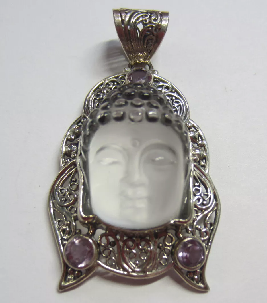 Solid 925 Sterling Silver Pendant with Buddha Face and Amethyst Gemstones