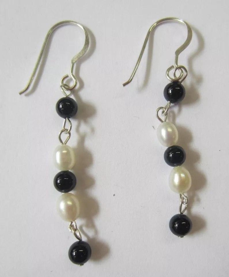 4pairs Sterling Silver Earrings with Natural Stones Pearl Black Onyx Amethyst