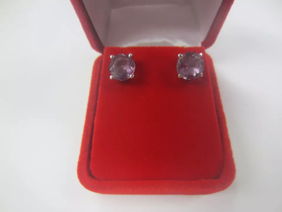 8mm Round Natural Amethyst Sterling Silver Earrings Free Red Velvet Box Gemstone