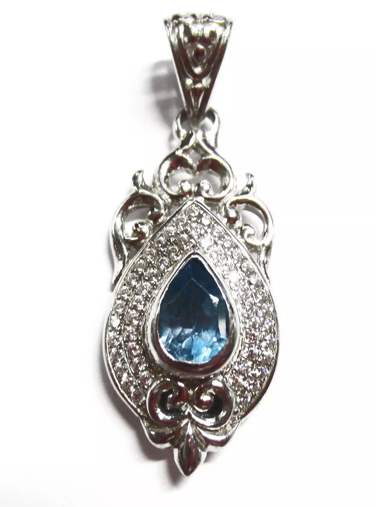 Solid 925 Sterling Silver Blue Topaz and CZ Pendant High Quality Jewelry