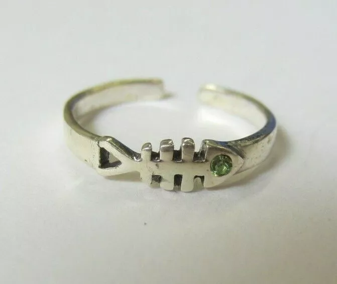 Solid 925 Sterling Silver Adjustable Toe Ring Fish Design with Green CZ Jewelry